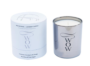 Silver WOW Candle - GERANIUM, EUCALYPTUS & ORANGE ON ROCK ROSE & PEPPER